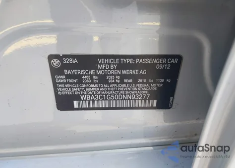 2013 BMW 328I from USA, damaged, VIN WBA3C1G50DNN93277